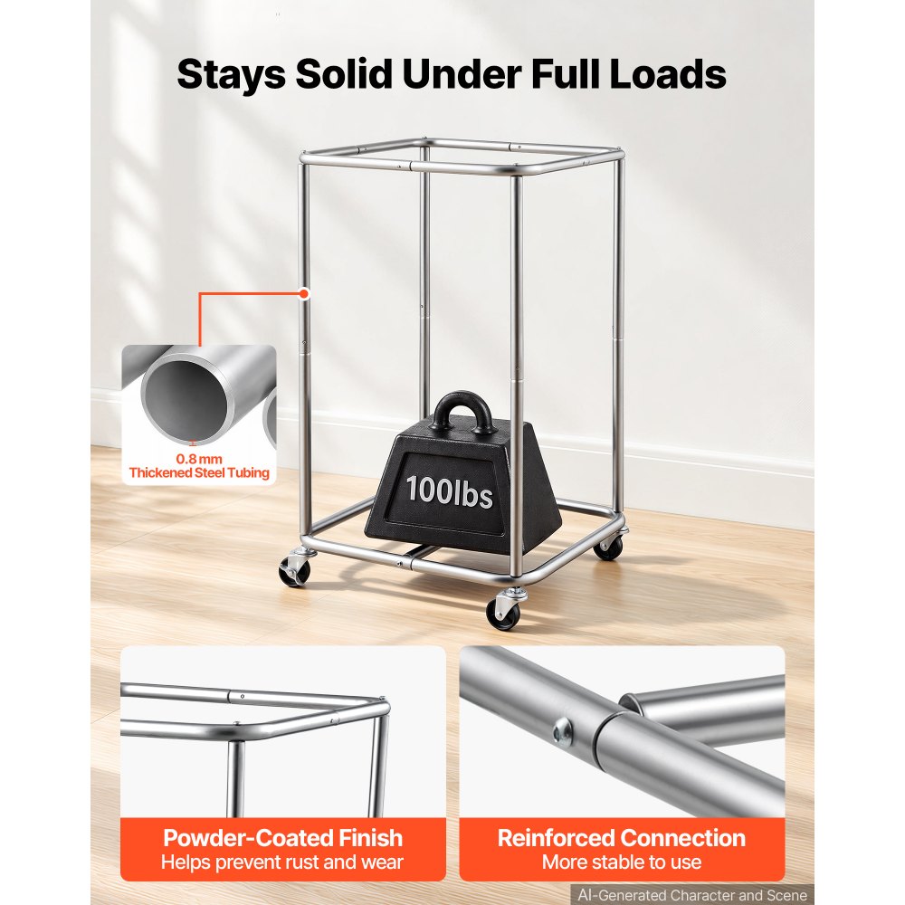 VEVOR Laundry Basket on Wheels, 40.7 Gal/154 L Rolling Laundry Hamper, 45kg Capacity Dirty Clothes Storage Hamper Cart, Sturdy Steel Frame with Waterproof Bag for Bedroom Bathroom Laundry Rooms