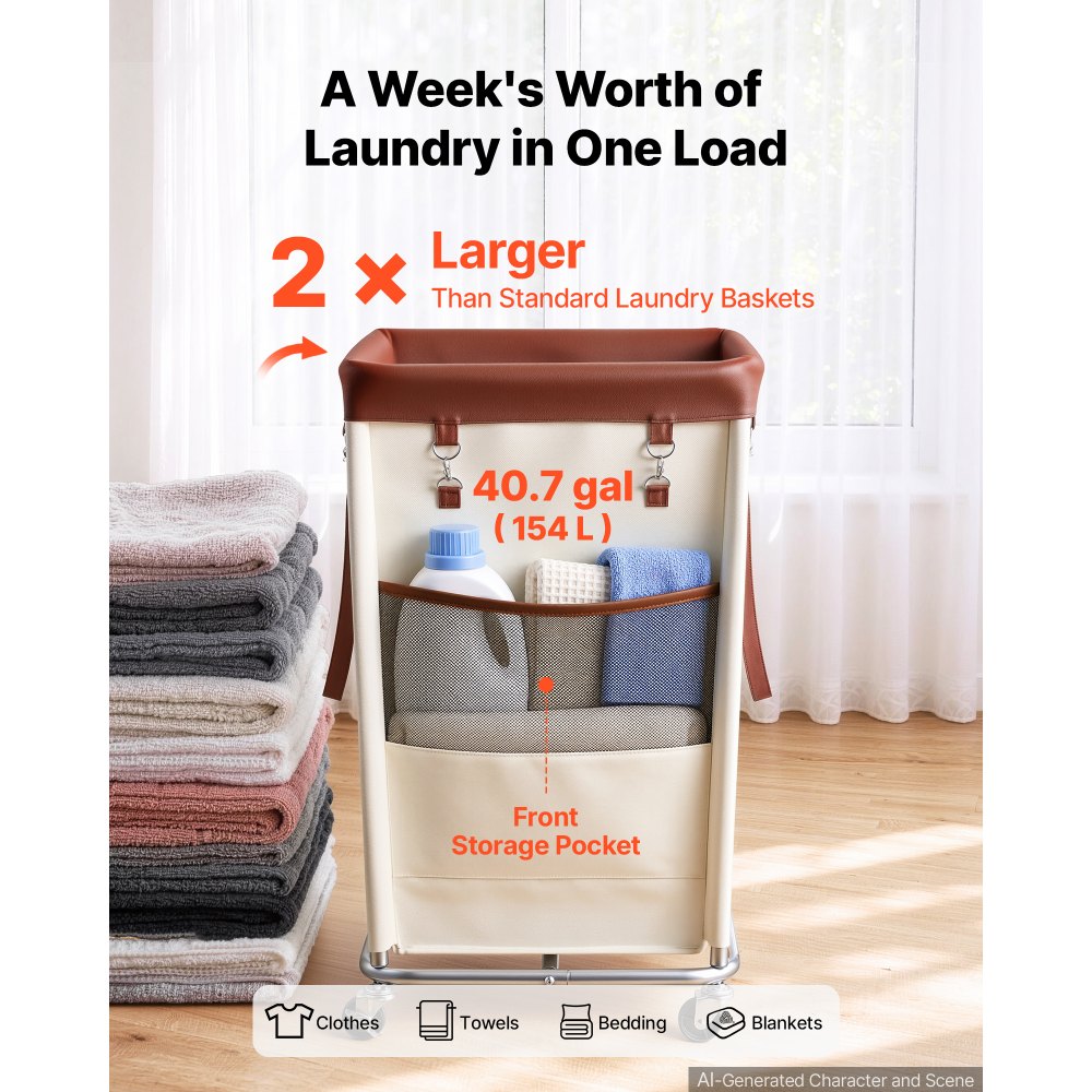VEVOR Laundry Basket on Wheels, 40.7 Gal/154 L Rolling Laundry Hamper, 45kg Capacity Dirty Clothes Storage Hamper Cart, Sturdy Steel Frame with Waterproof Bag for Bedroom Bathroom Laundry Rooms