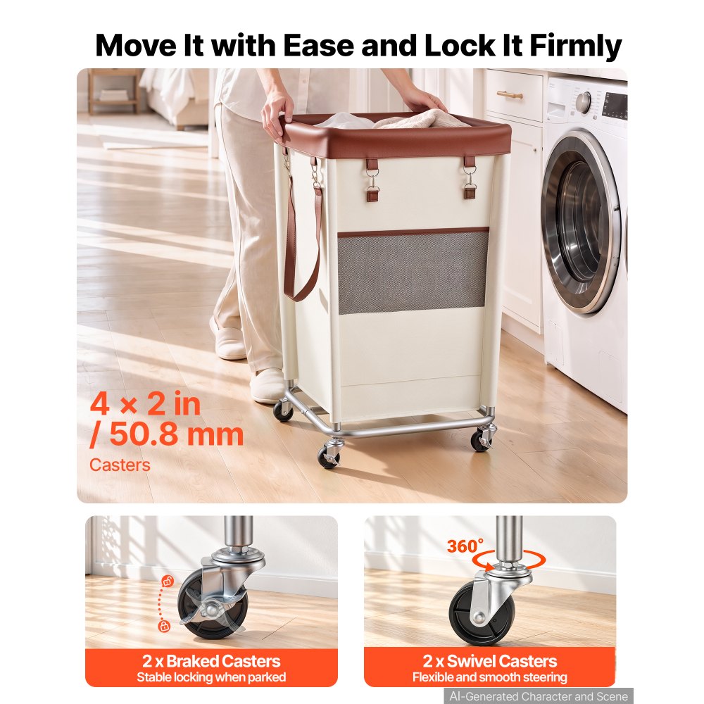 VEVOR Laundry Basket on Wheels, 40.7 Gal/154 L Rolling Laundry Hamper, 45kg Capacity Dirty Clothes Storage Hamper Cart, Sturdy Steel Frame with Waterproof Bag for Bedroom Bathroom Laundry Rooms