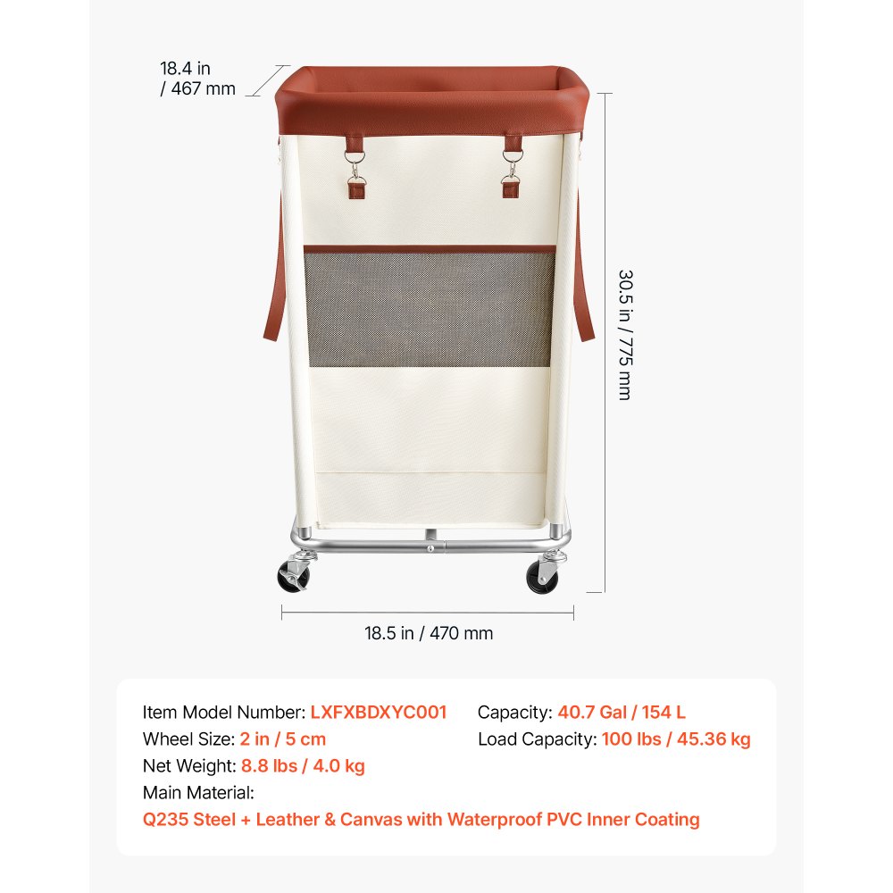 VEVOR Laundry Basket on Wheels, 40.7 Gal/154 L Rolling Laundry Hamper, 45kg Capacity Dirty Clothes Storage Hamper Cart, Sturdy Steel Frame with Waterproof Bag for Bedroom Bathroom Laundry Rooms