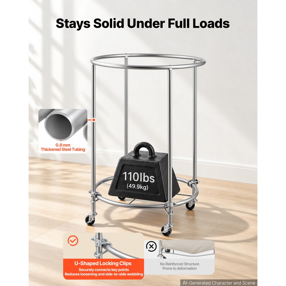 VEVOR Laundry Basket on Wheels, 49.3 Gal/186.5 L Rolling Laundry Hamper, 50kg Capacity Heavy-Duty Dirty Clothes Storage Cart, Sturdy Steel Frame with 600D Oxford Fabric Bag for Bedrooms Bathrooms