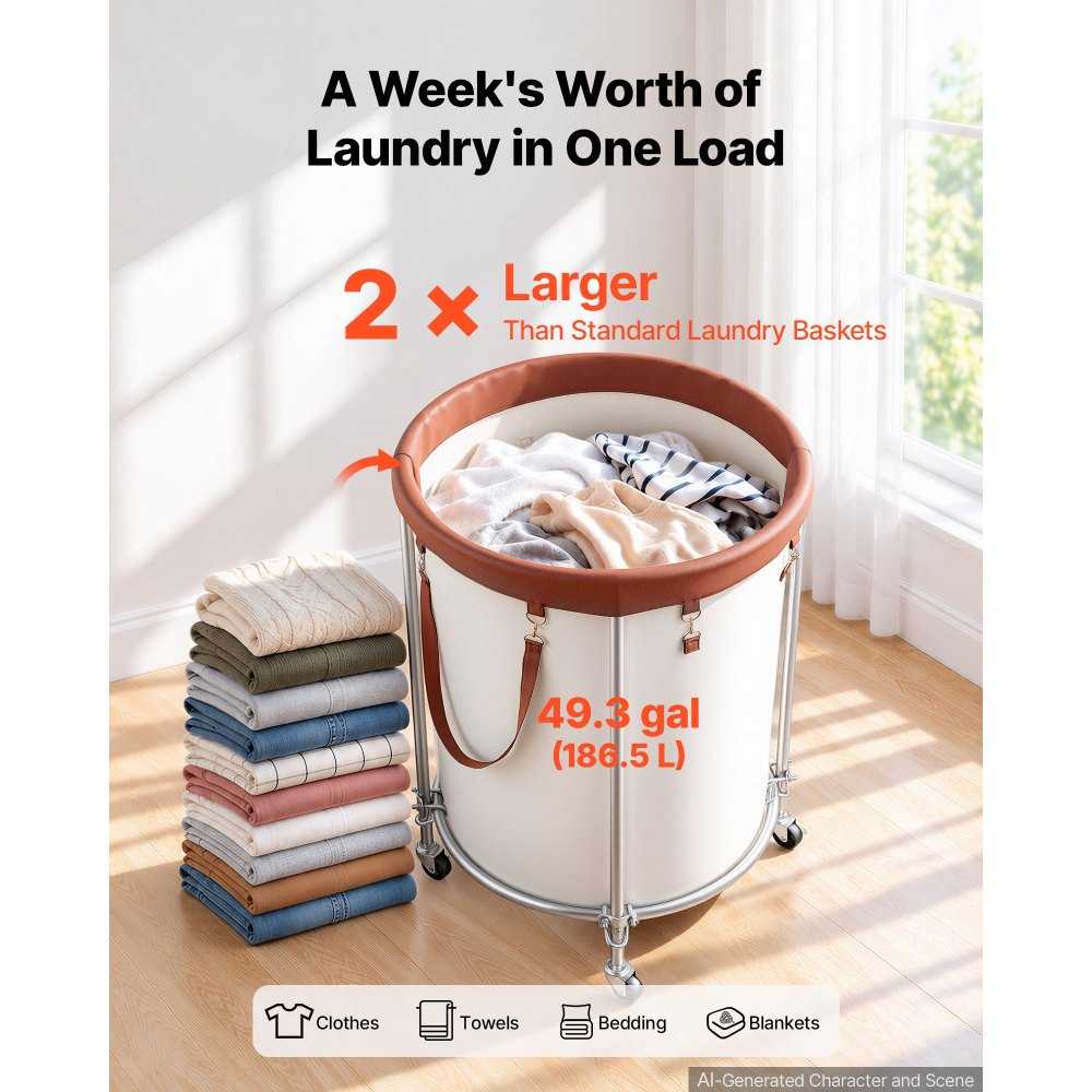 VEVOR Laundry Basket on Wheels, 49.3 Gal/186.5 L Rolling Laundry Hamper, 50kg Capacity Heavy-Duty Dirty Clothes Storage Cart, Sturdy Steel Frame with 600D Oxford Fabric Bag for Bedrooms Bathrooms