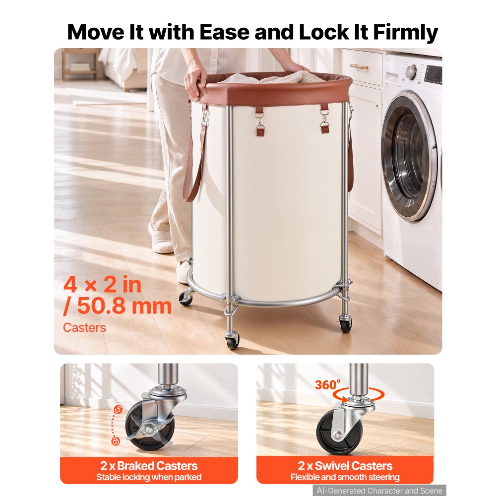 VEVOR Laundry Basket on Wheels, 49.3 Gal/186.5 L Rolling Laundry Hamper, 50kg Capacity Heavy-Duty Dirty Clothes Storage Cart, Sturdy Steel Frame with 600D Oxford Fabric Bag for Bedrooms Bathrooms