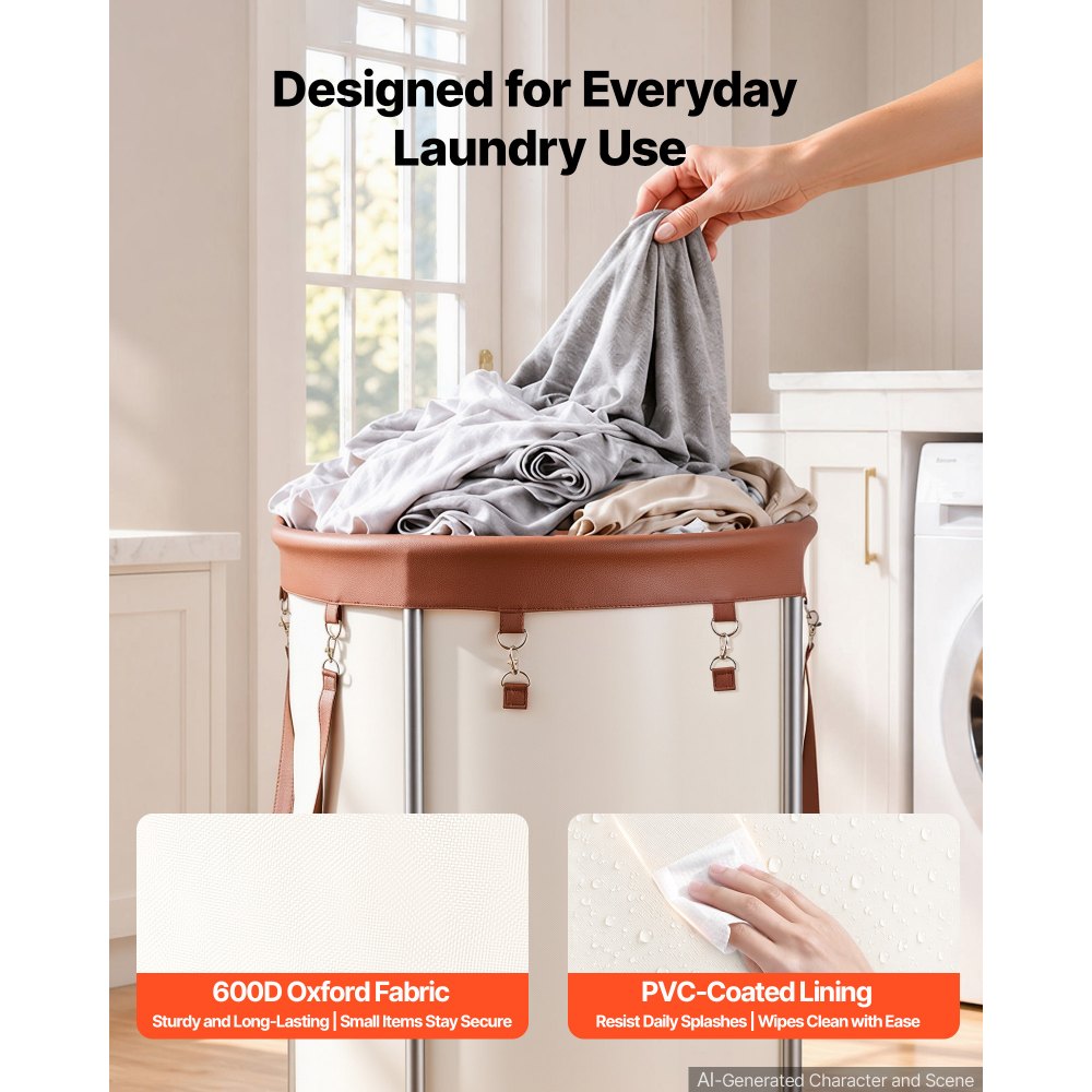 VEVOR Laundry Basket on Wheels, 49.3 Gal/186.5 L Rolling Laundry Hamper, 50kg Capacity Heavy-Duty Dirty Clothes Storage Cart, Sturdy Steel Frame with 600D Oxford Fabric Bag for Bedrooms Bathrooms