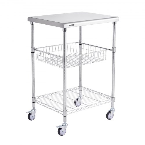 VEVOR Kitchen Utility Cart, 3 Tiers, Wire Rolling Cart with 213kg Capacity, Steel Service Cart on Wheels, Metal Storage Trolley with 76mm Basket Curved Handle PP Liner 6 Hooks, for Indoor and Outdoor