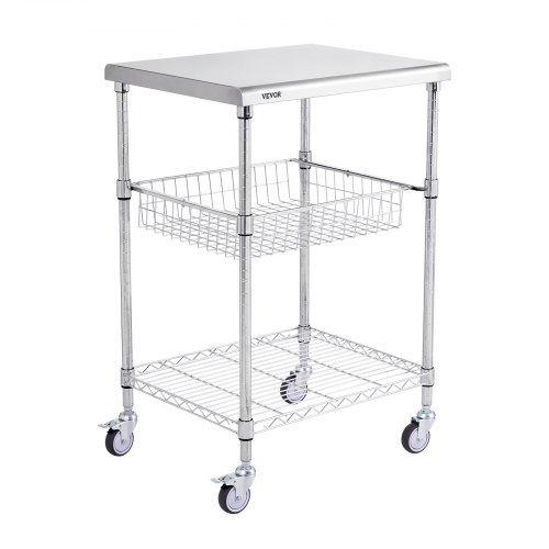 VEVOR Kitchen Utility Cart, 3 Tiers, Wire Rolling Cart with 470LBS Capacity, Steel Service Cart on Wheels, Metal Storage Trolley with 76mm Basket Curved Handle PP Liner 6 Hooks, for Indoor and Outdoor