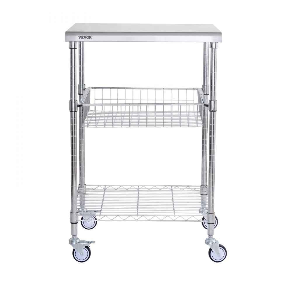 VEVOR Kitchen Utility Cart, 3 Tiers, Wire Rolling Cart with 213kg Capacity, Steel Service Cart on Wheels, Metal Storage Trolley with 76mm Basket Curved Handle PP Liner 6 Hooks, for Indoor and Outdoor