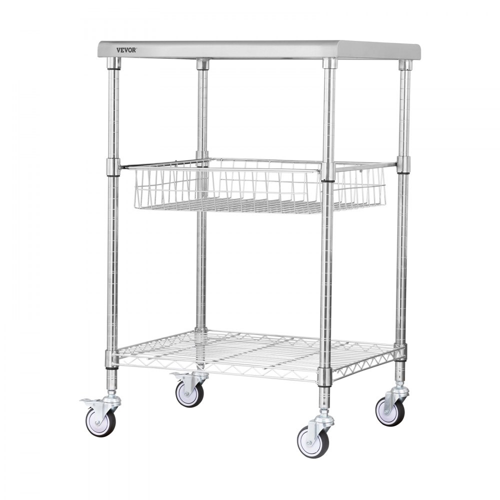 VEVOR Kitchen Utility Cart, 3 Tiers, Wire Rolling Cart with 213kg Capacity, Steel Service Cart on Wheels, Metal Storage Trolley with 76mm Basket Curved Handle PP Liner 6 Hooks, for Indoor and Outdoor