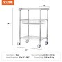 VEVOR Kitchen Utility Cart, 3 Tiers, Wire Rolling Cart with 470LBS Capacity, Steel Service Cart on Wheels, Metal Storage Trolley with 76mm Basket Curved Handle PP Liner 6 Hooks, for Indoor and Outdoor