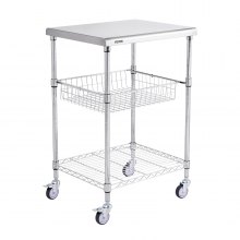 VEVOR Kitchen Utility Cart, 3 Tiers, Wire Rolling Cart with 213kg Capacity, Steel Service Cart on Wheels, Metal Storage Trolley with 76mm Basket Curved Handle PP Liner 6 Hooks, for Indoor and Outdoor