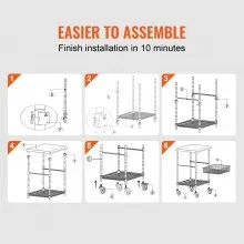 VEVOR Kitchen Utility Cart, 3 Tiers, Wire Rolling Cart with 470LBS Capacity, Steel Service Cart on Wheels, Metal Storage Trolley with 76mm Basket Curved Handle PP Liner 6 Hooks, for Indoor and Outdoor