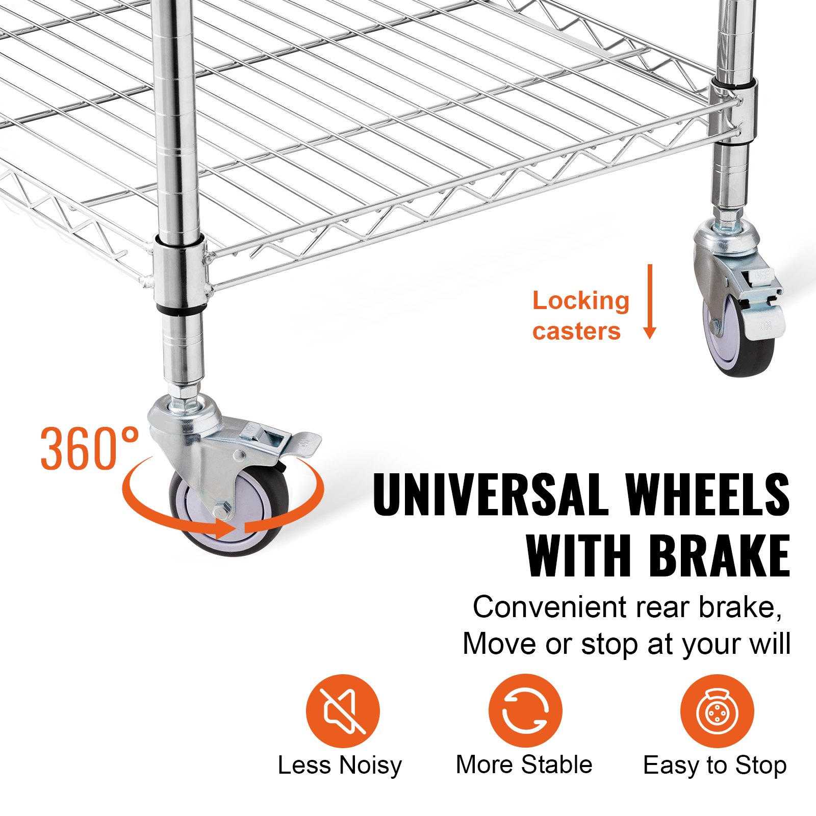 VEVOR Kitchen Utility Cart, 3 Tiers, Wire Rolling Cart with 213kg Capacity, Steel Service Cart on Wheels, Metal Storage Trolley with 76mm Basket Curved Handle PP Liner 6 Hooks, for Indoor and Outdoor