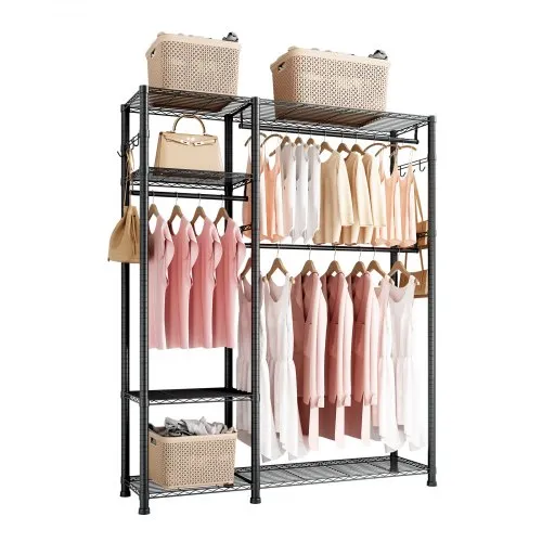 VEVOR Clothing Garment Rack, Heavy Duty Clothes Rack, 6 Adjustable Tiers Clothes Racks with Steel Frame, 363 kg Load Capacity Closet Wardrobe with 3 Hanging Rods for Bedroom, Clothing Store, Hallway
