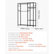 VEVOR Clothing Garment Rack, Heavy Duty Clothes Rack, 6 Adjustable Tiers Clothes Racks with Steel Frame, 800 lbs Load Capacity Closet Wardrobe with 3 Hanging Rods for Bedroom, Clothing Store, Hallway