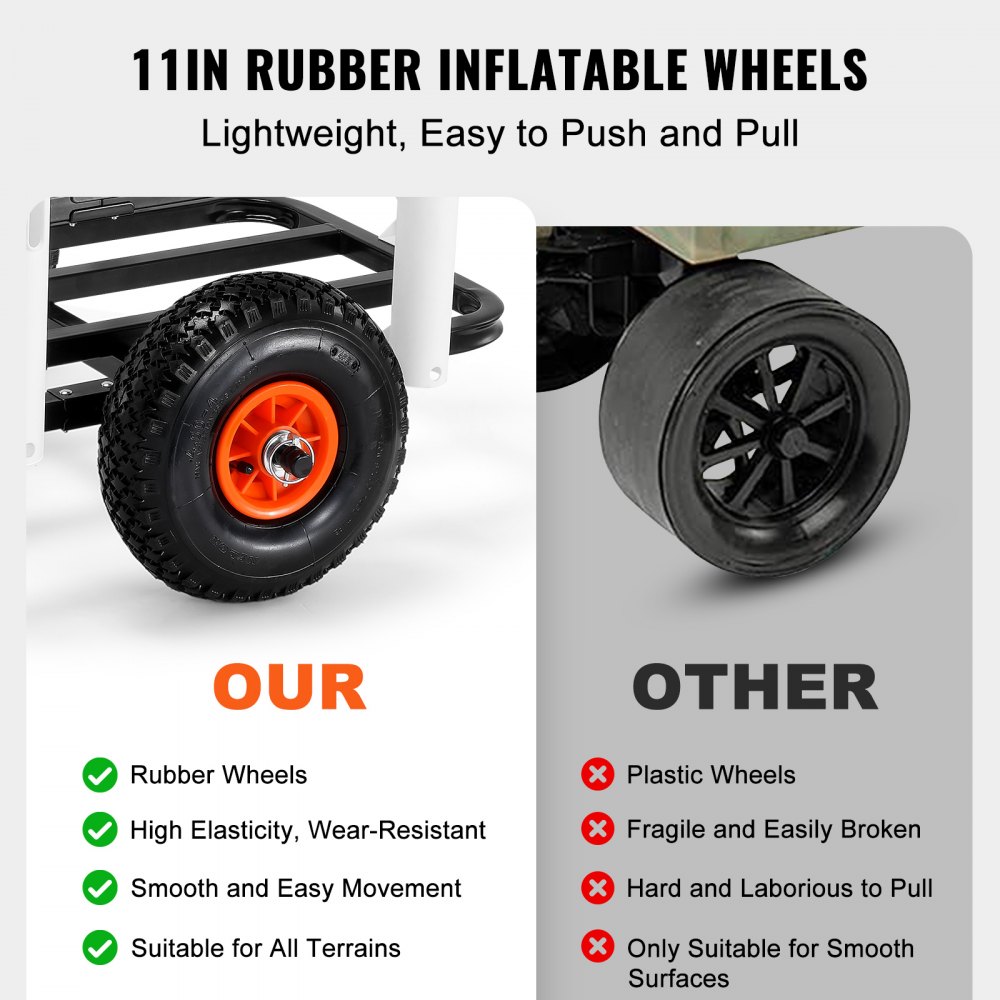 VEVOR beach fishing cart with 11-inch rubber wheels for smooth, easy movement on all terrains.