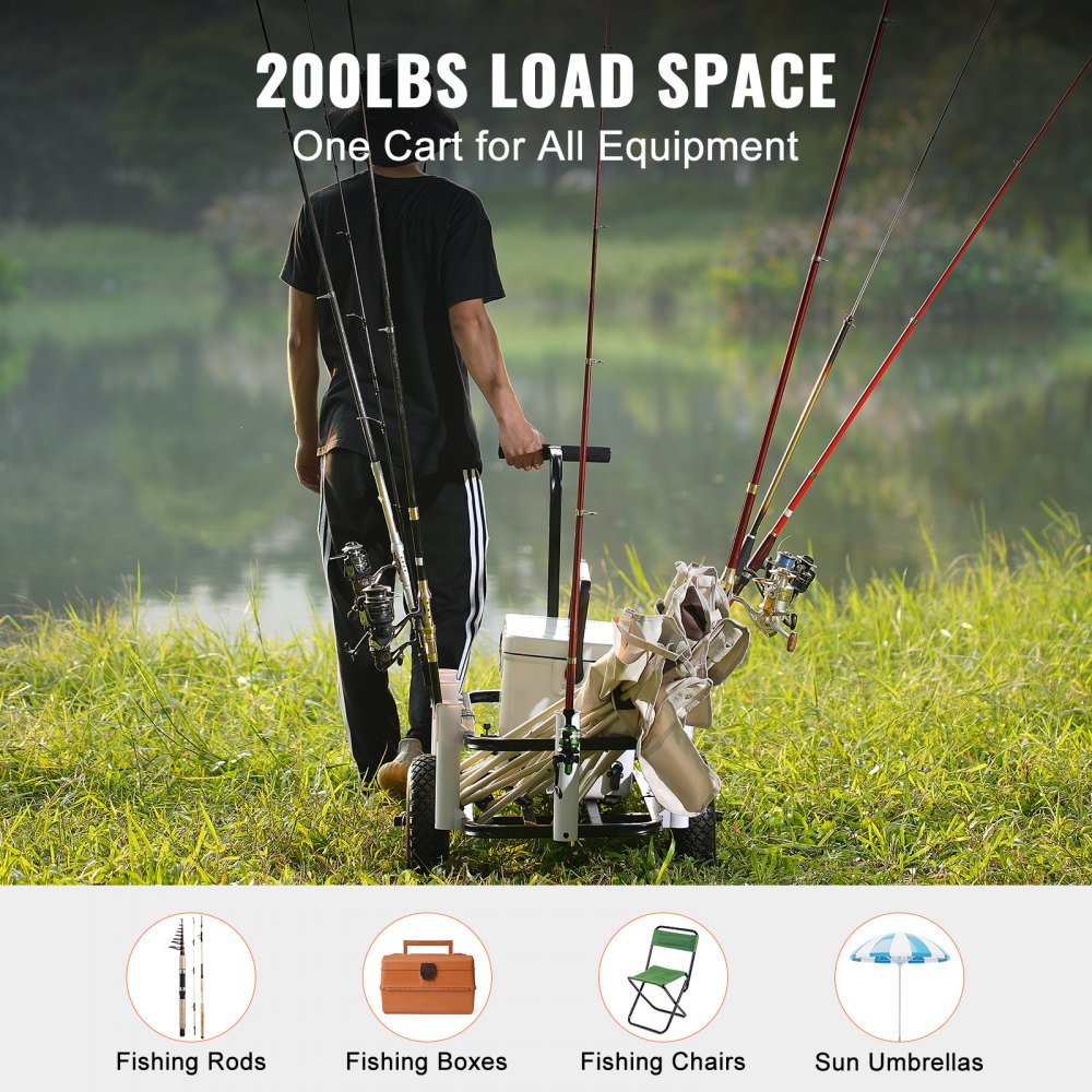 man pulling VEVOR beach fishing cart loaded with fishing rods, chairs, boxes, and umbrellas by a lake.