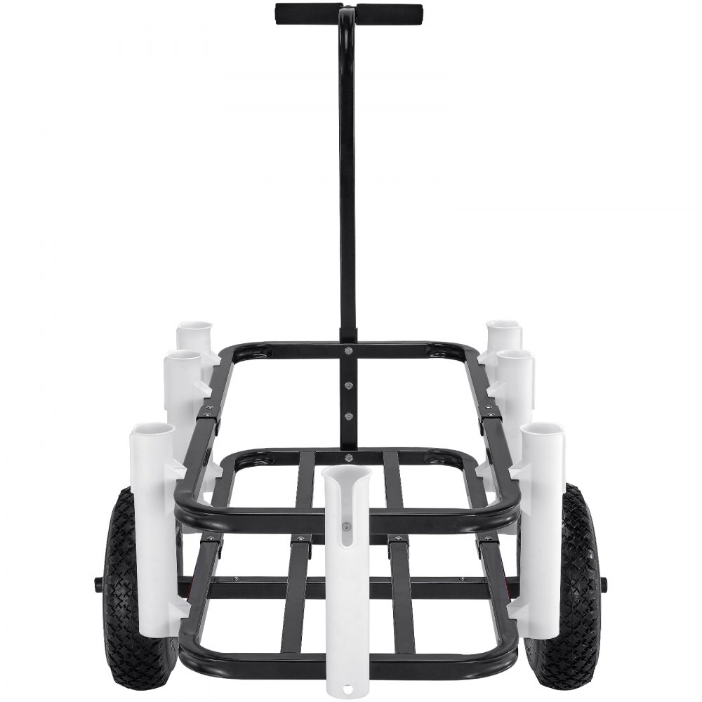 black metal VEVOR beach fishing cart with white rod holders and large pneumatic wheels.
