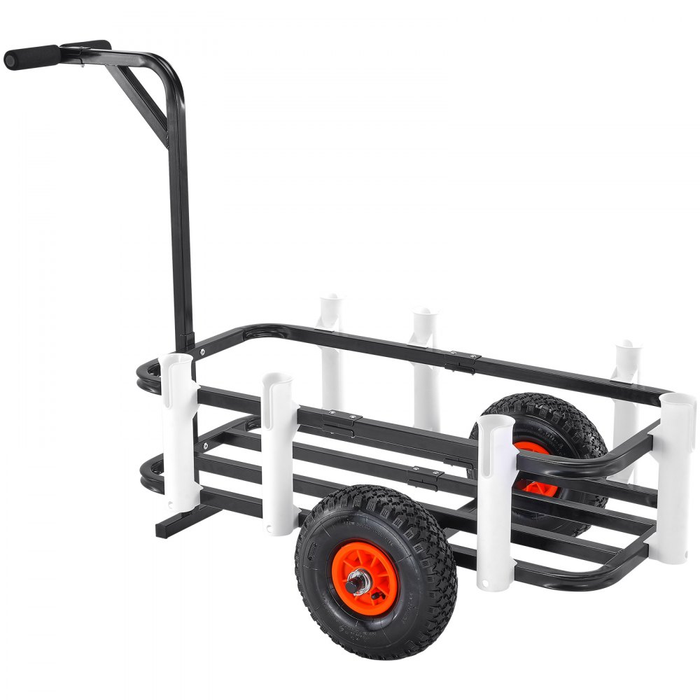 VEVOR beach fishing cart with black frame, white rod holders, and large orange wheels.