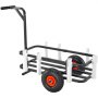 VEVOR beach fishing cart with black frame, white rod holders, and large orange wheels.