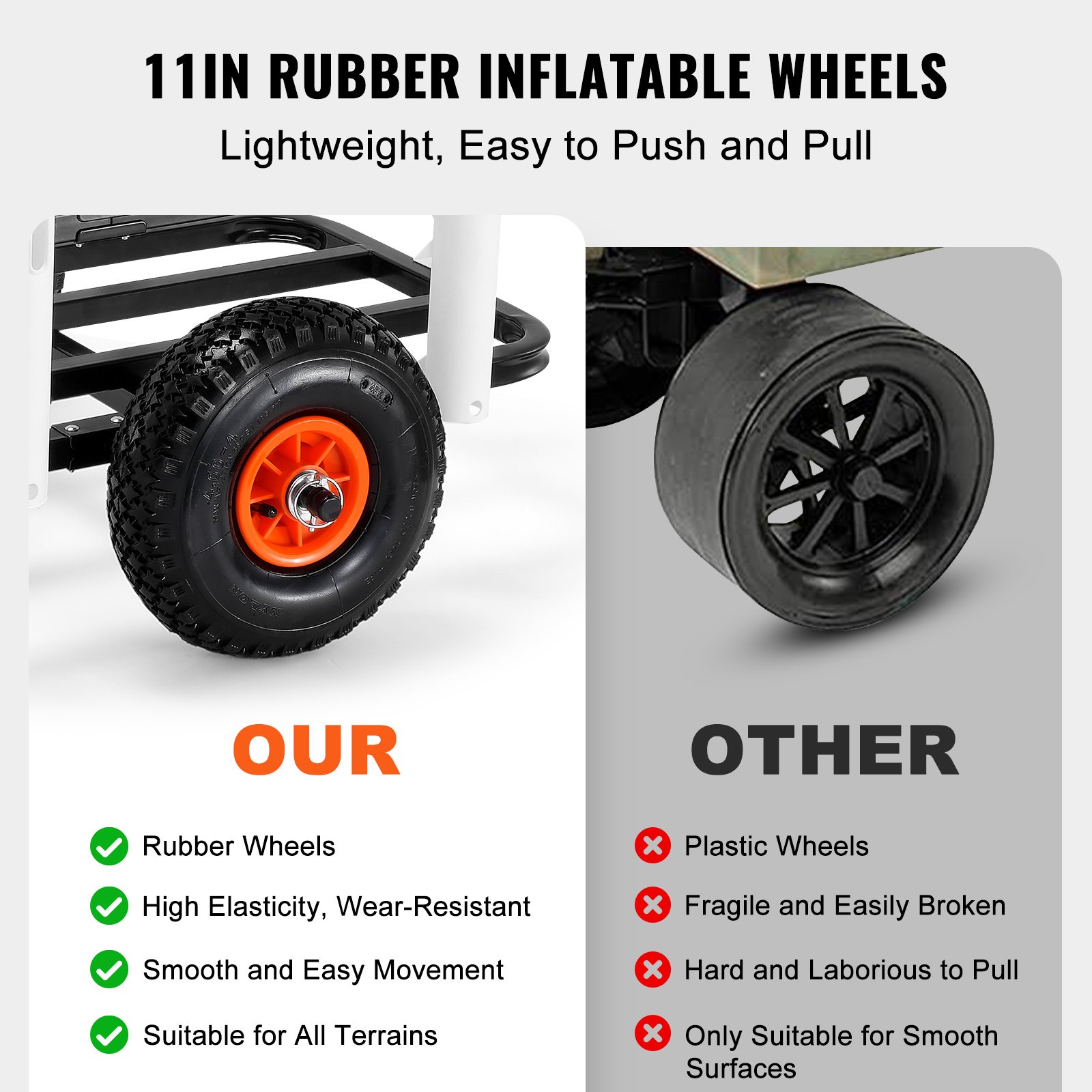 VEVOR beach fishing cart with 11-inch rubber wheels for smooth, easy movement on all terrains.