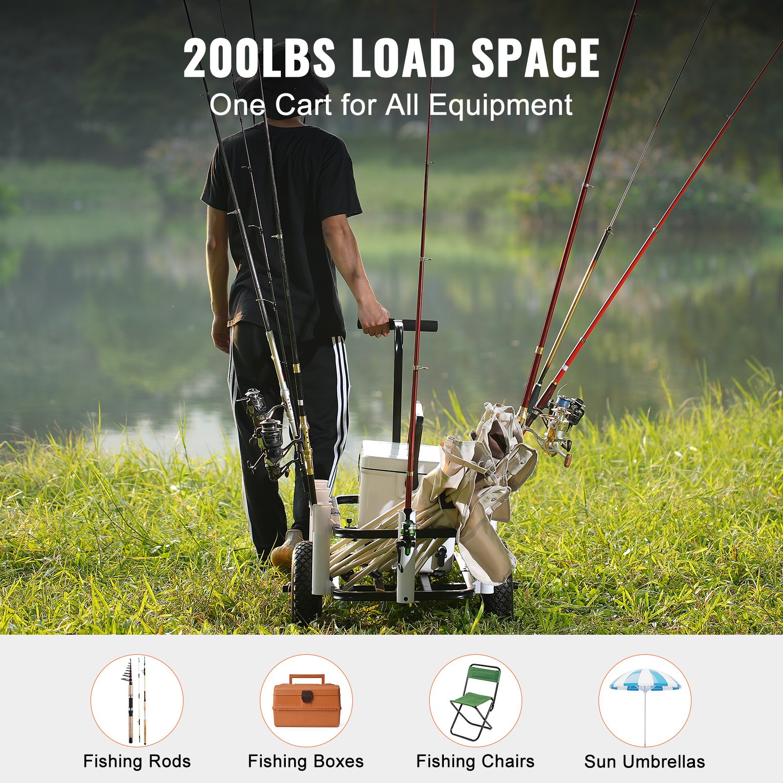 man pulling VEVOR beach fishing cart loaded with fishing rods, chairs, boxes, and umbrellas by a lake.