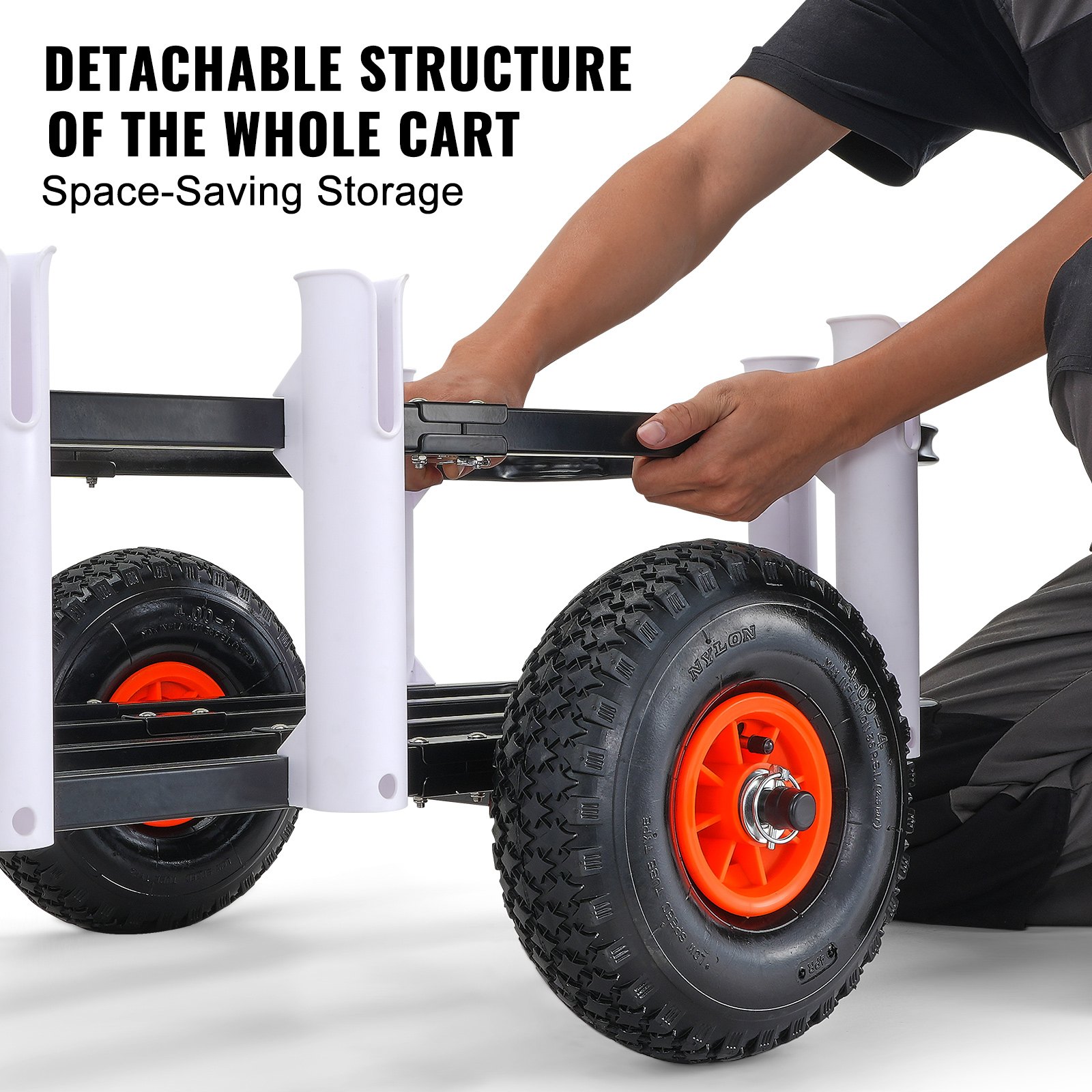 VEVOR beach fishing cart shown with detachable structure and space-saving storage.