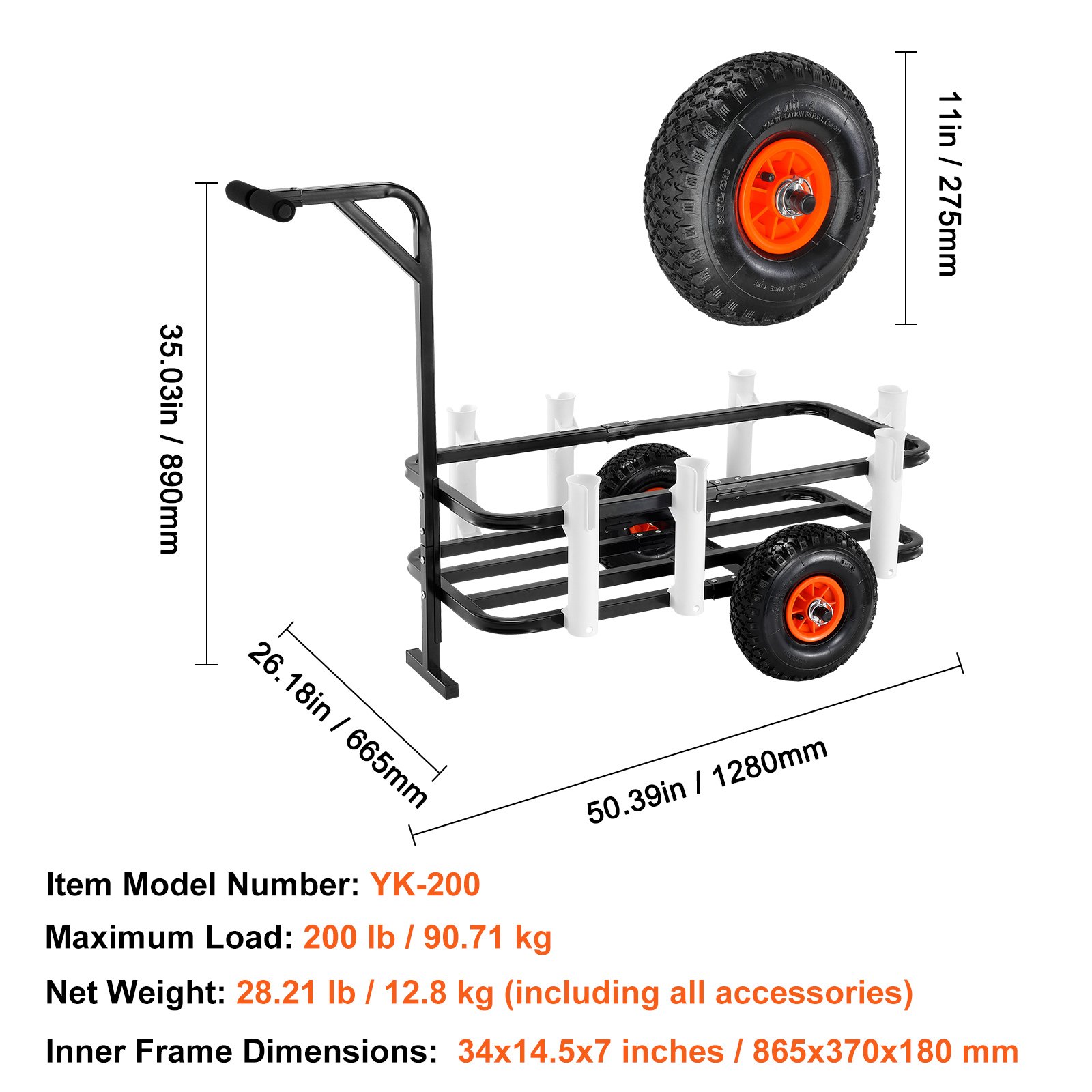VEVOR beach fishing cart with 11in tires, holds 200 lbs, model yk-200, 28.21 lbs net weight.