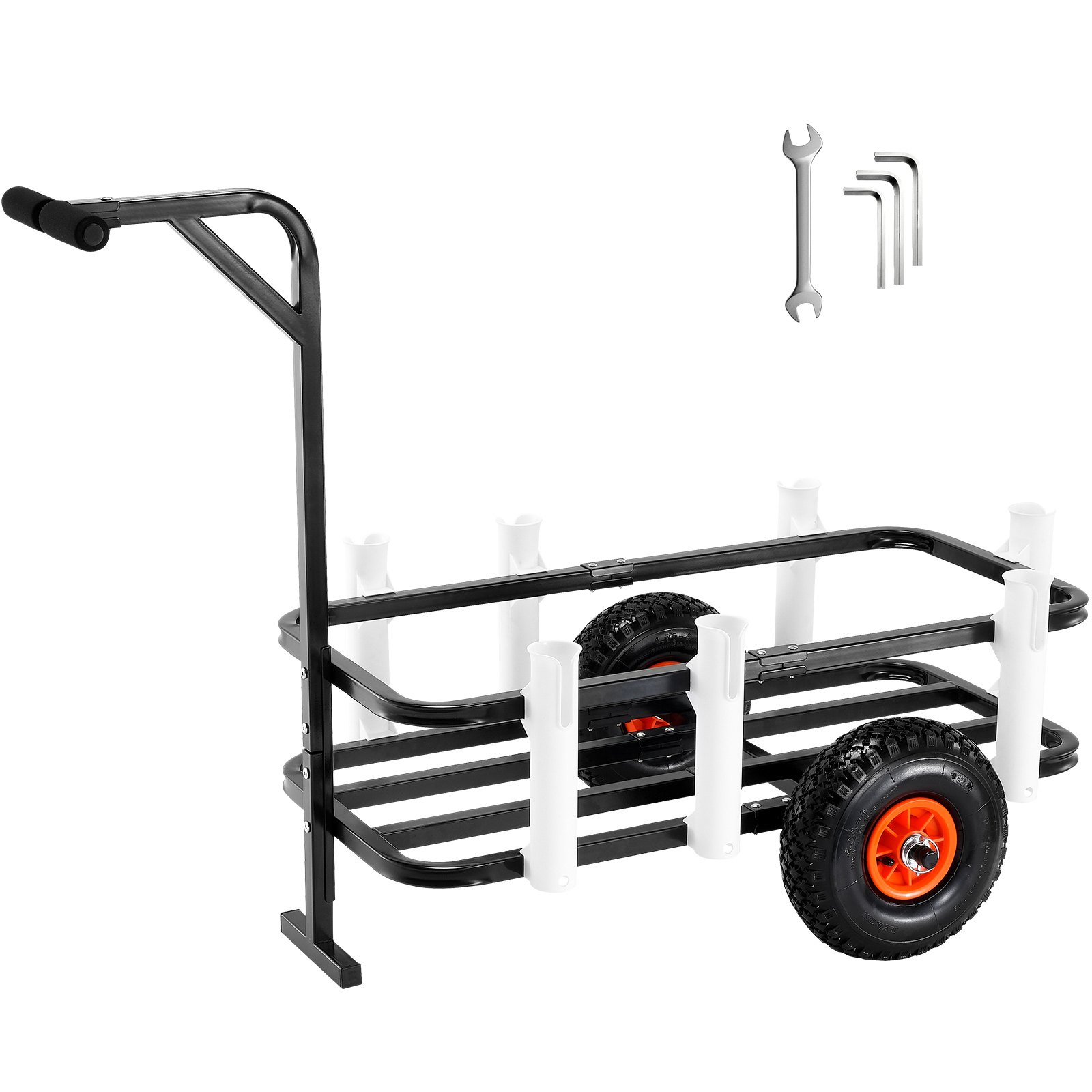 VEVOR beach fishing cart with black frame, white rod holders, large wheels, and included tools.