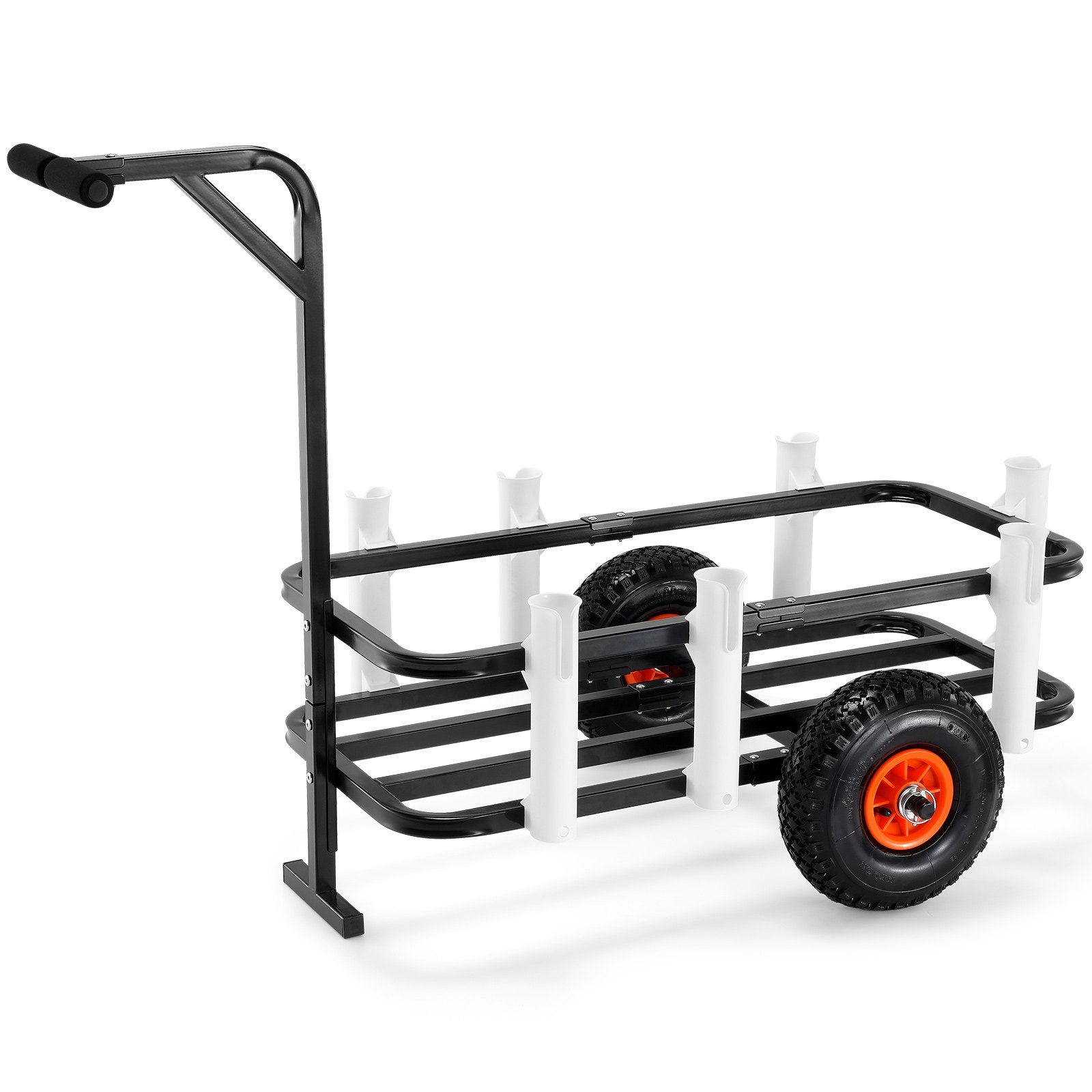 VEVOR beach fishing cart with black frame, eight white rod holders, and two large tires.