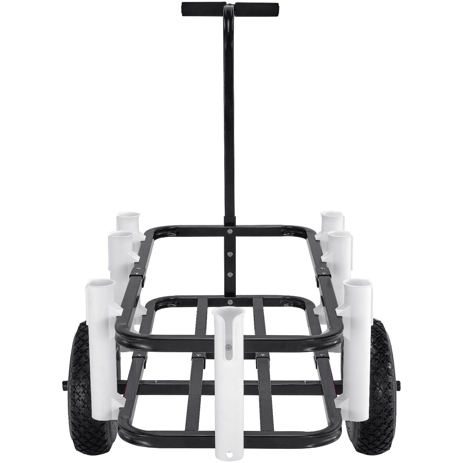 black metal VEVOR beach fishing cart with white rod holders and large pneumatic wheels.