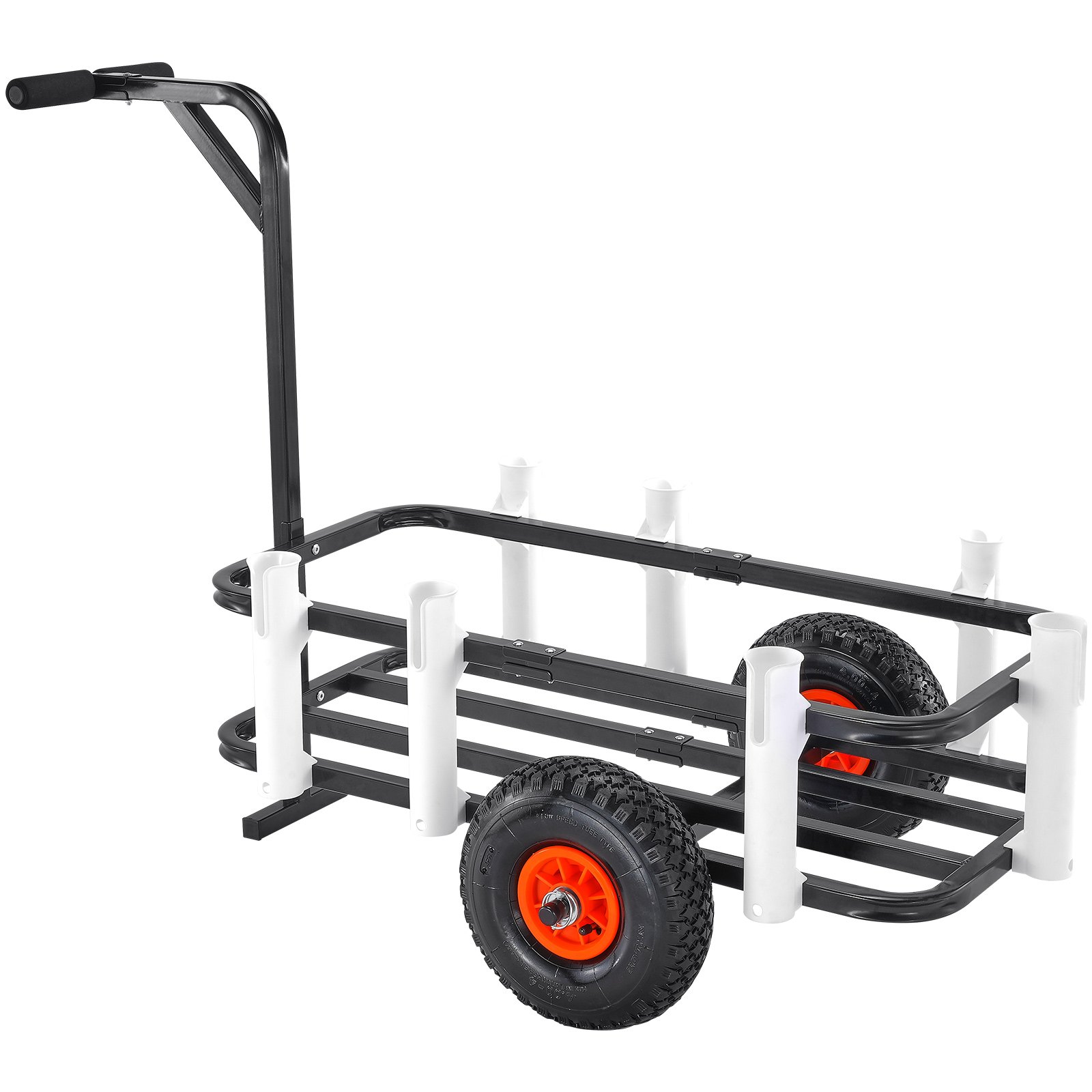 VEVOR beach fishing cart with black frame, white rod holders, and large orange wheels.
