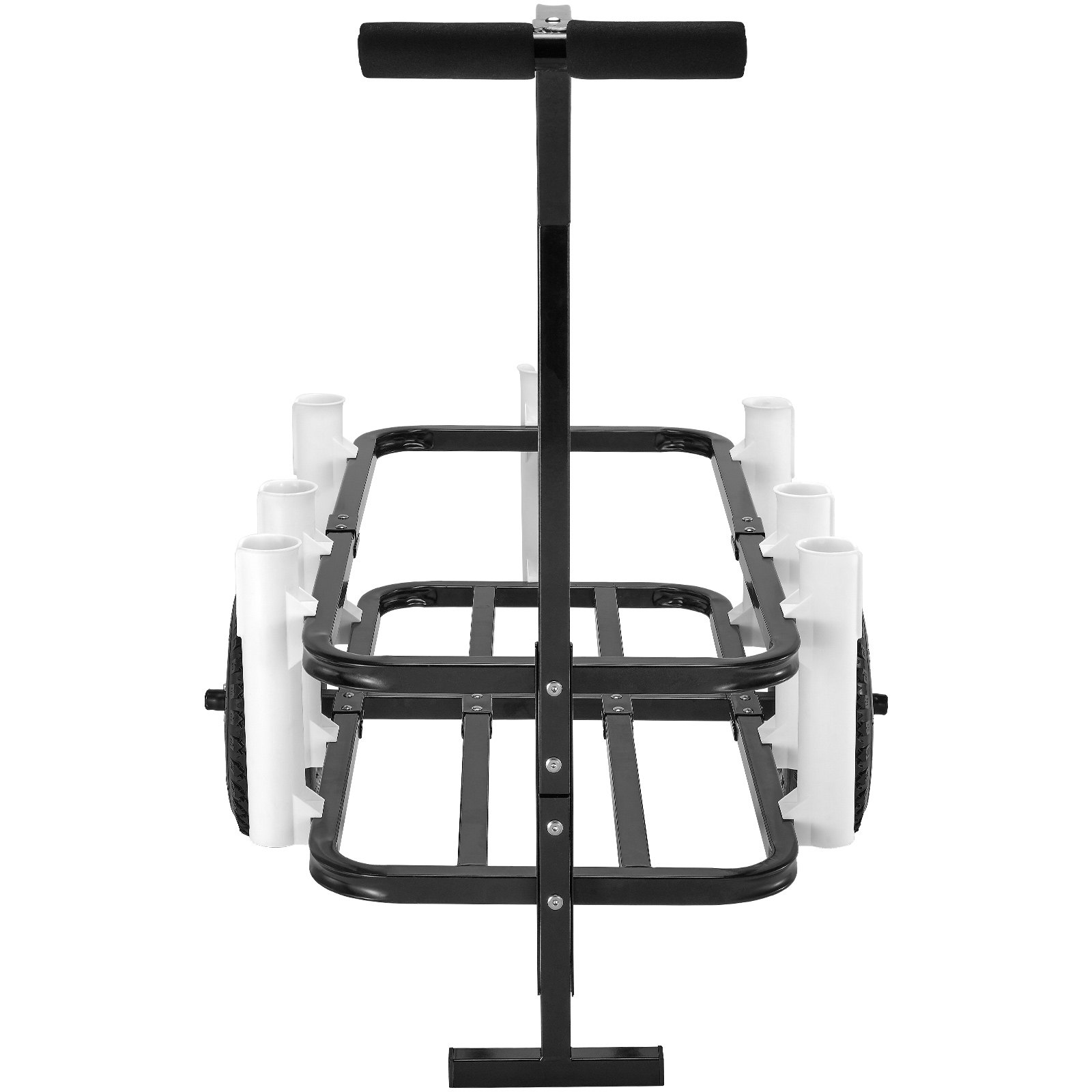 VEVOR beach fishing cart with rod holders, foam grip handle, and sturdy wheels in a black and white design.