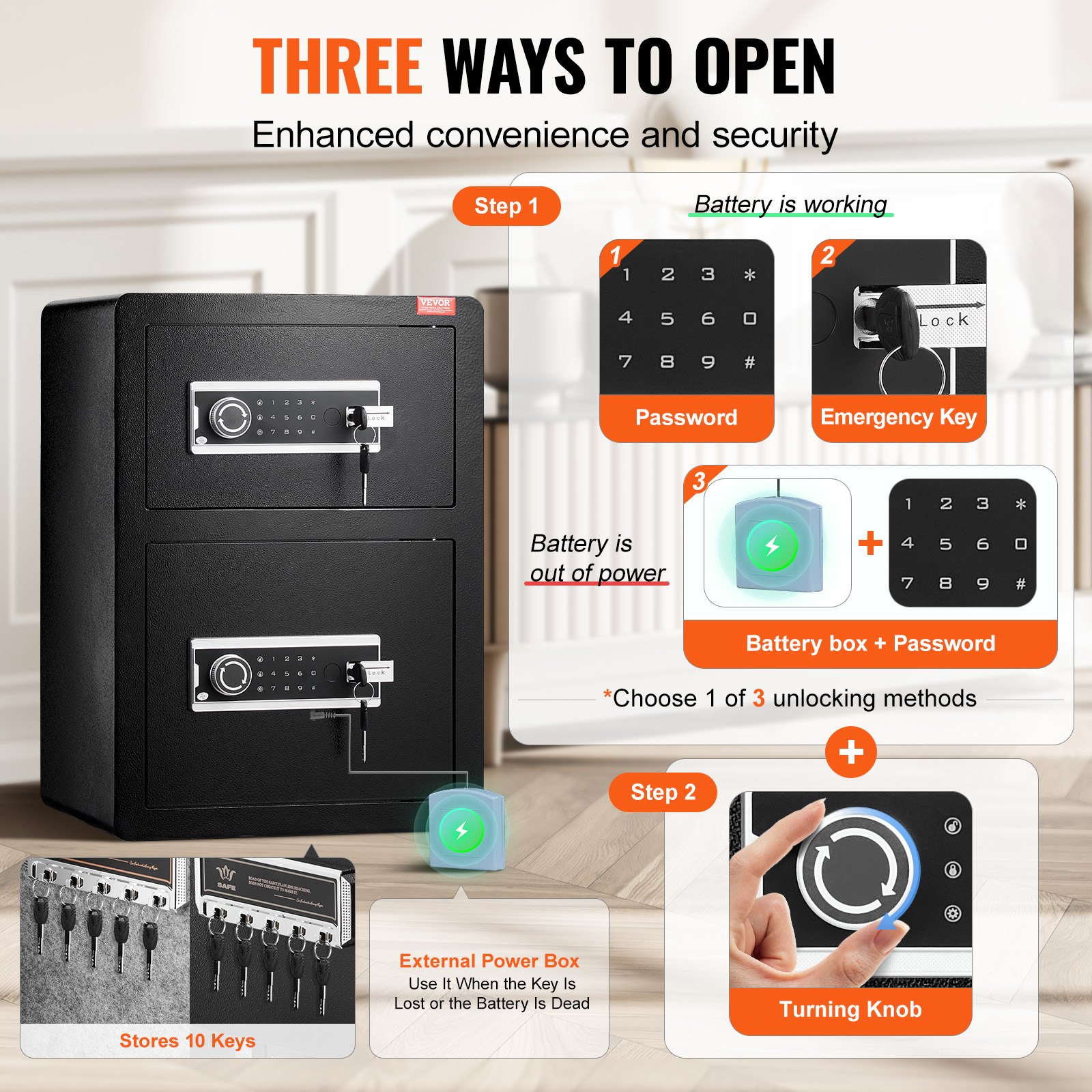 VEVOR kétajtós, 3,5 köblábas széf kulcszárral és jelszóval, széf tűzálló táskával, kulcstartóval, LED lámpával és 2 állítható magasságú és kivehető elválasztóval pénz, dokumentumok, ékszerek és értéktárgyak számára, fekete