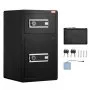 Caja de seguridad VEVOR de 4.5 pies cúbicos con doble puerta y cerradura con llave y contraseña. Incluye bolsa ignífuga, portallaves, luz LED y divisores extraíbles y ajustables en 2 alturas para dinero, documentos, joyas y objetos de valor. Color negro.