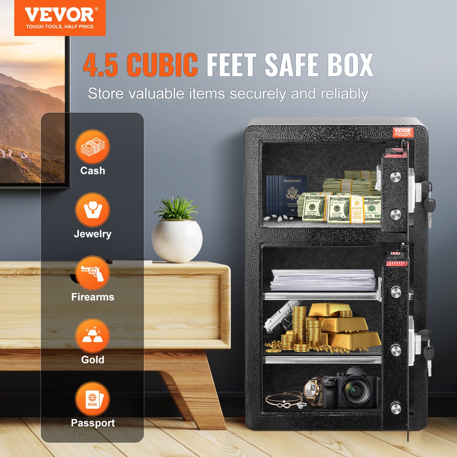 VEVOR Double Doors 4.5 cu.ft Safe Box with Key Lock & Password, Safe Lock Box with Fireproof Bag, Key Rack, LED Light and 2 Height Adjustable and Removable Divider for Money, Documents, Jewelry and Valuables, Black