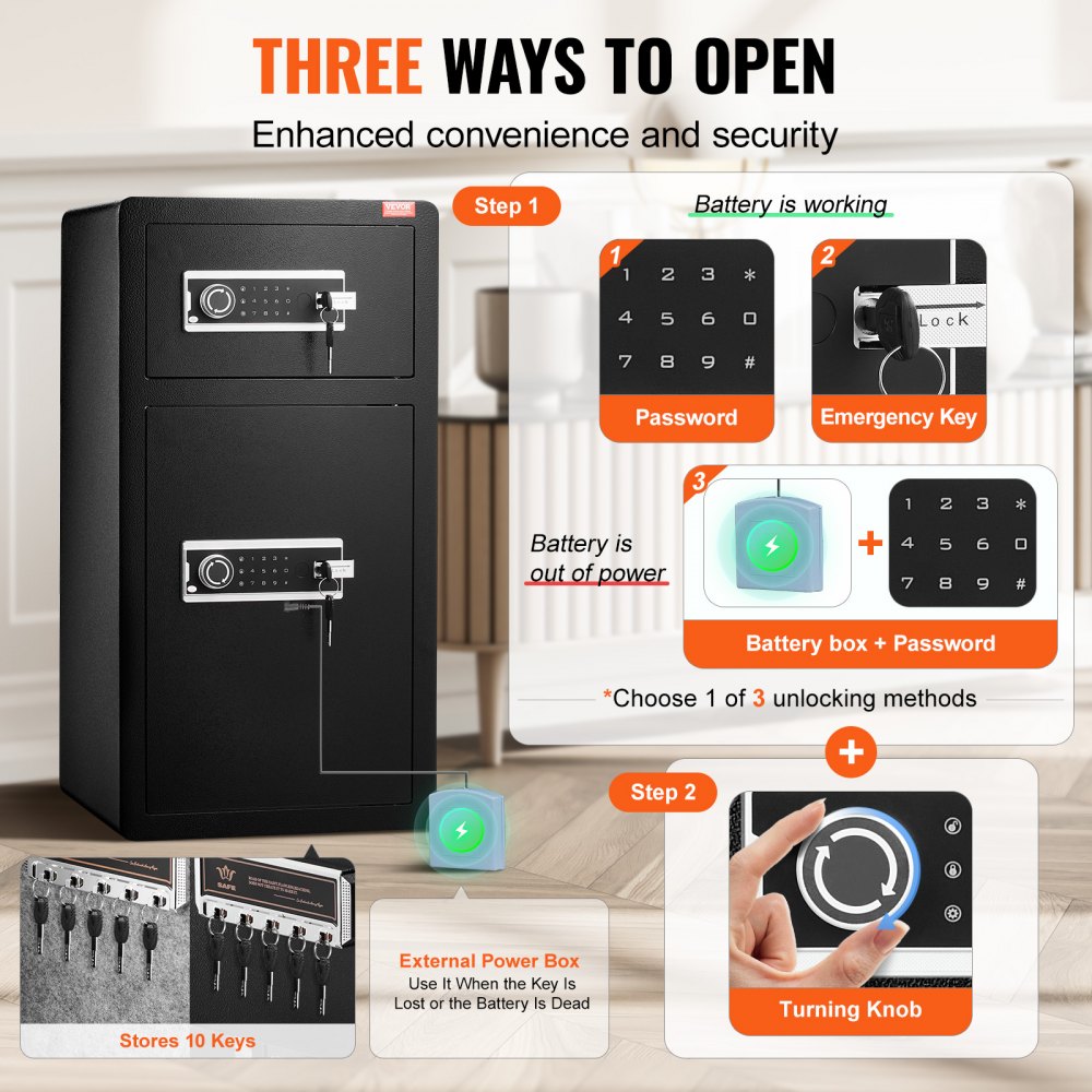 VEVOR Double Doors 5.5 cu.ft Safe Box with Key Lock & Password, Safe Lock Box with Fireproof Bag, Key Rack, LED Light, 2 Height Adjustable and Removable Divider and 1 Cabinet for Money, Documents, Jewelry and Valuables, Black