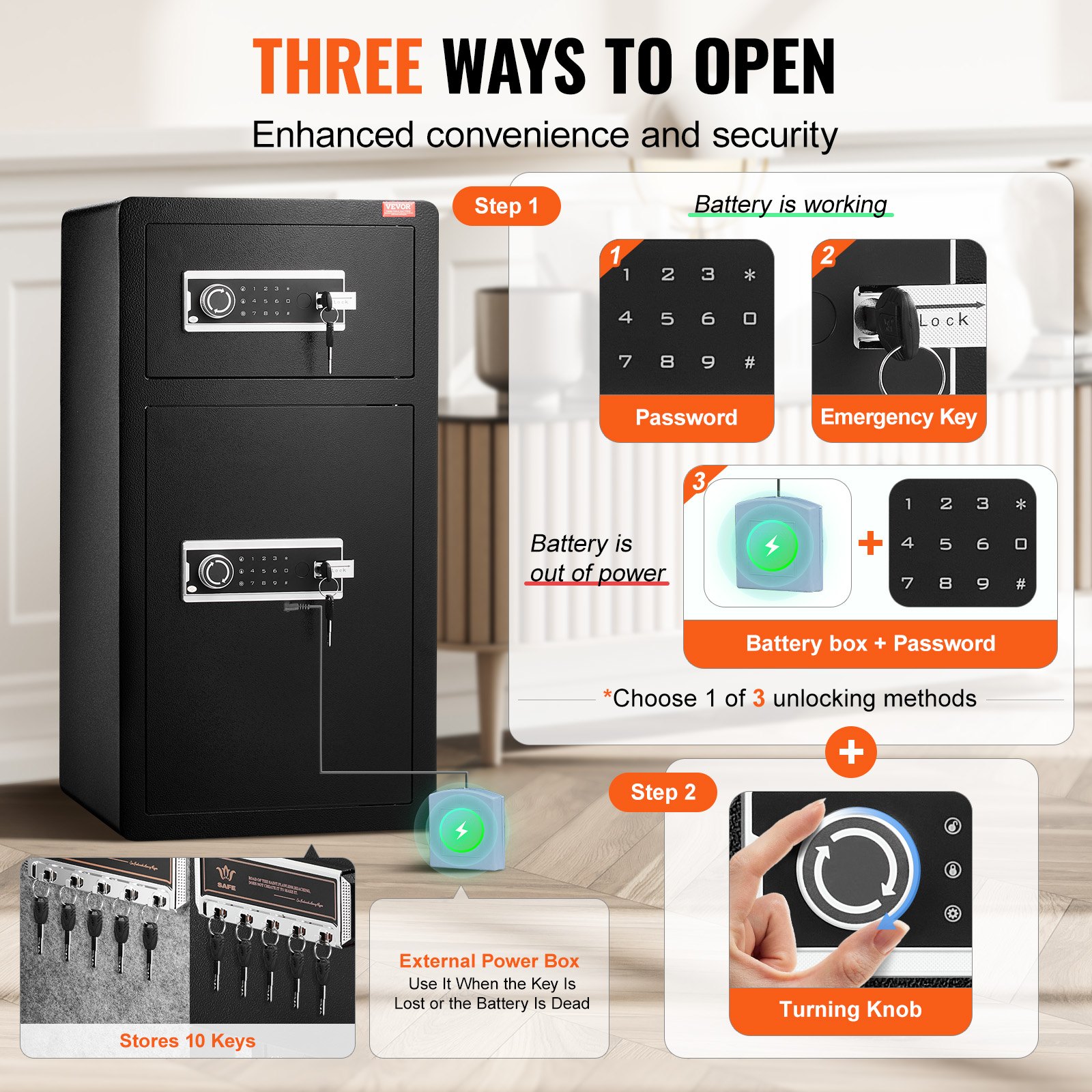 VEVOR Double Doors 5.5 cu.ft Safe Box with Key Lock & Password, Safe Lock Box with Fireproof Bag, Key Rack, LED Light, 2 Height Adjustable and Removable Divider and 1 Cabinet for Money, Documents, Jewelry and Valuables, Black