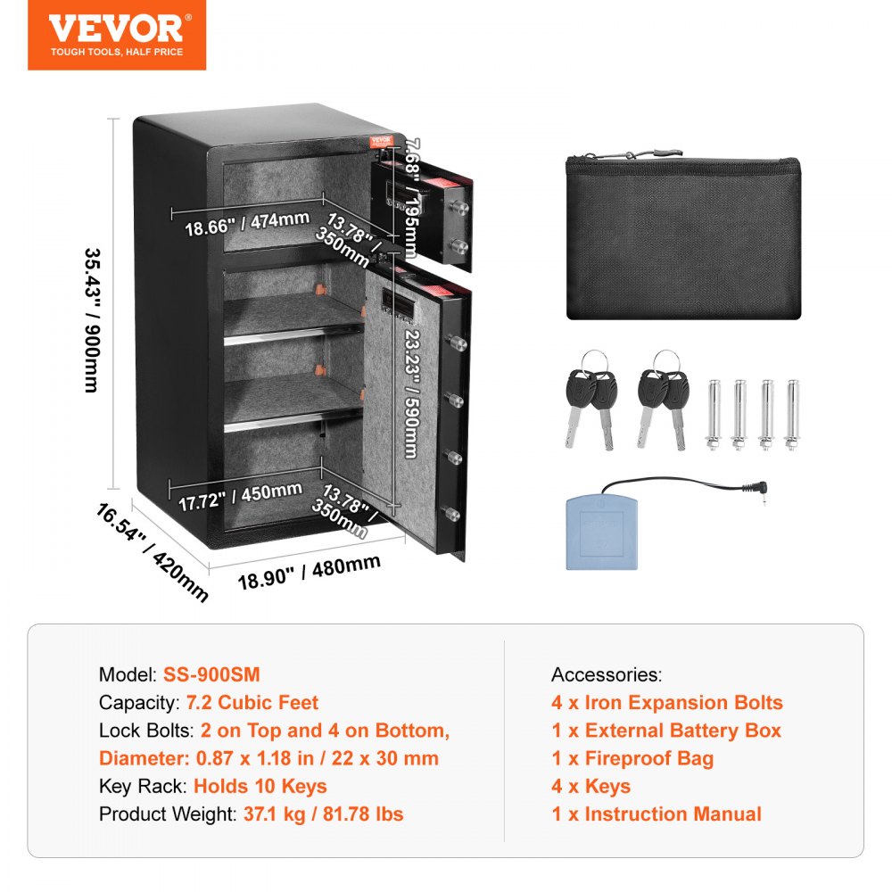 VEVOR Double Doors 7.2 cu.ft Safe Box with Key Lock & Password, Safe Lock Box with Fireproof Bag, Key Rack, LED Light and 2 Height Adjustable and Removable Divider for Money, Documents, Jewelry and Valuables, Black