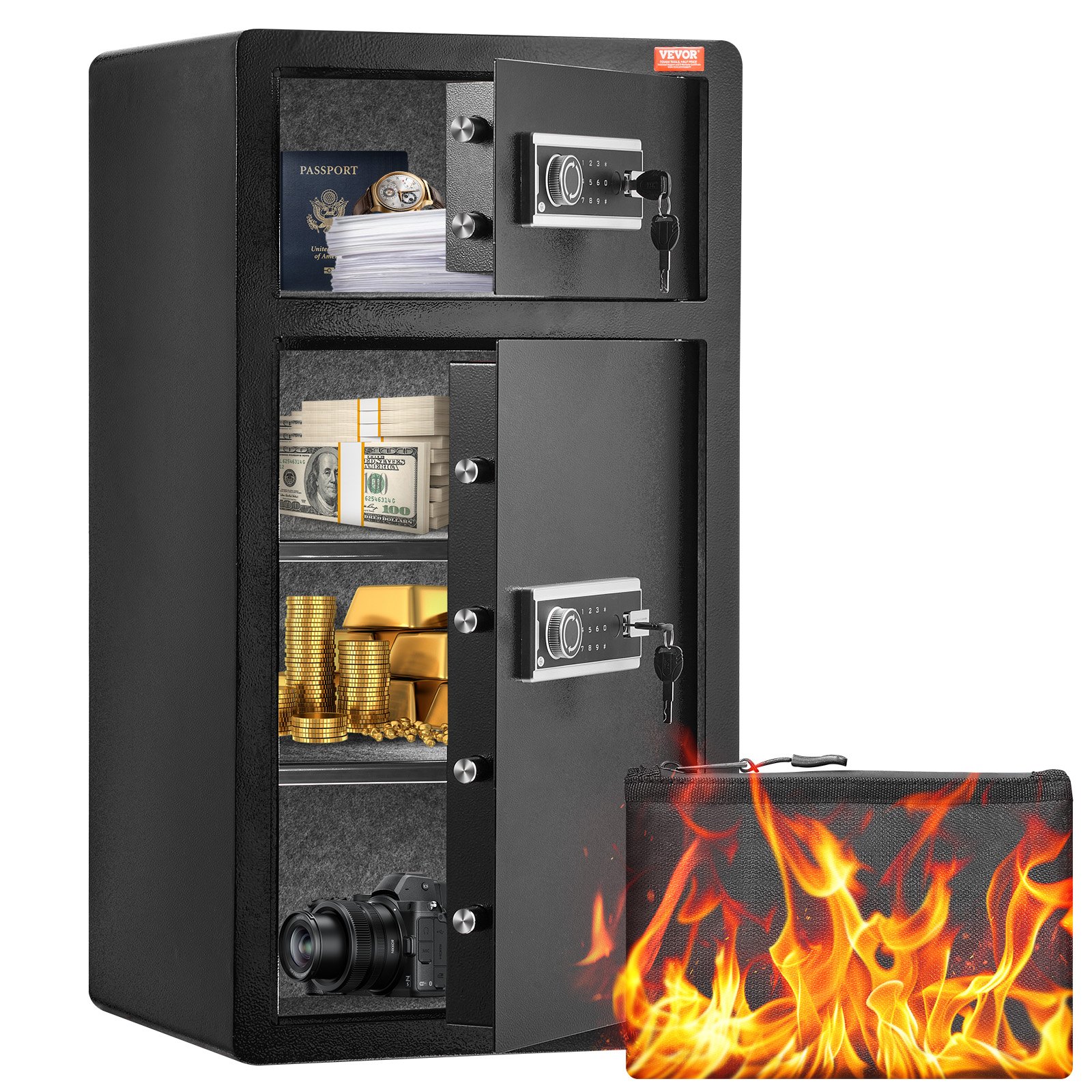 VEVOR Double Doors 7.2 cu.ft Safe Box with Key Lock & Password, Safe Lock Box with Fireproof Bag, Key Rack, LED Light and 2 Height Adjustable and Removable Divider for Money, Documents, Jewelry and Valuables, Black
