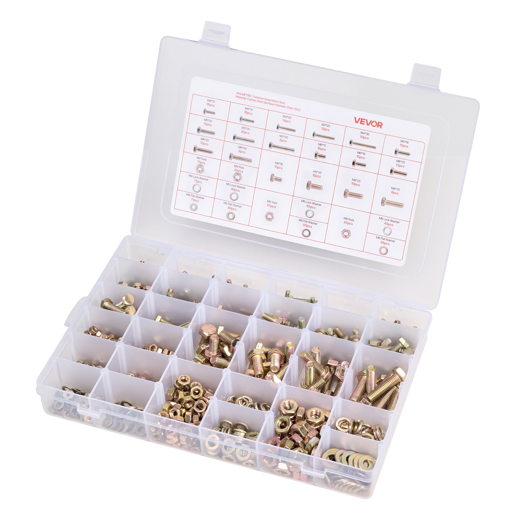 VEVOR 906 Pcs Bolts and Nuts Assortment Kit, Metric Machine Screws and Flat Washers, Alloy Steel M4/M5/M6/M8 Multiple Size, for Equipment Assembly, Vehicle Grade 8.8 Gold-Plated Galvanized