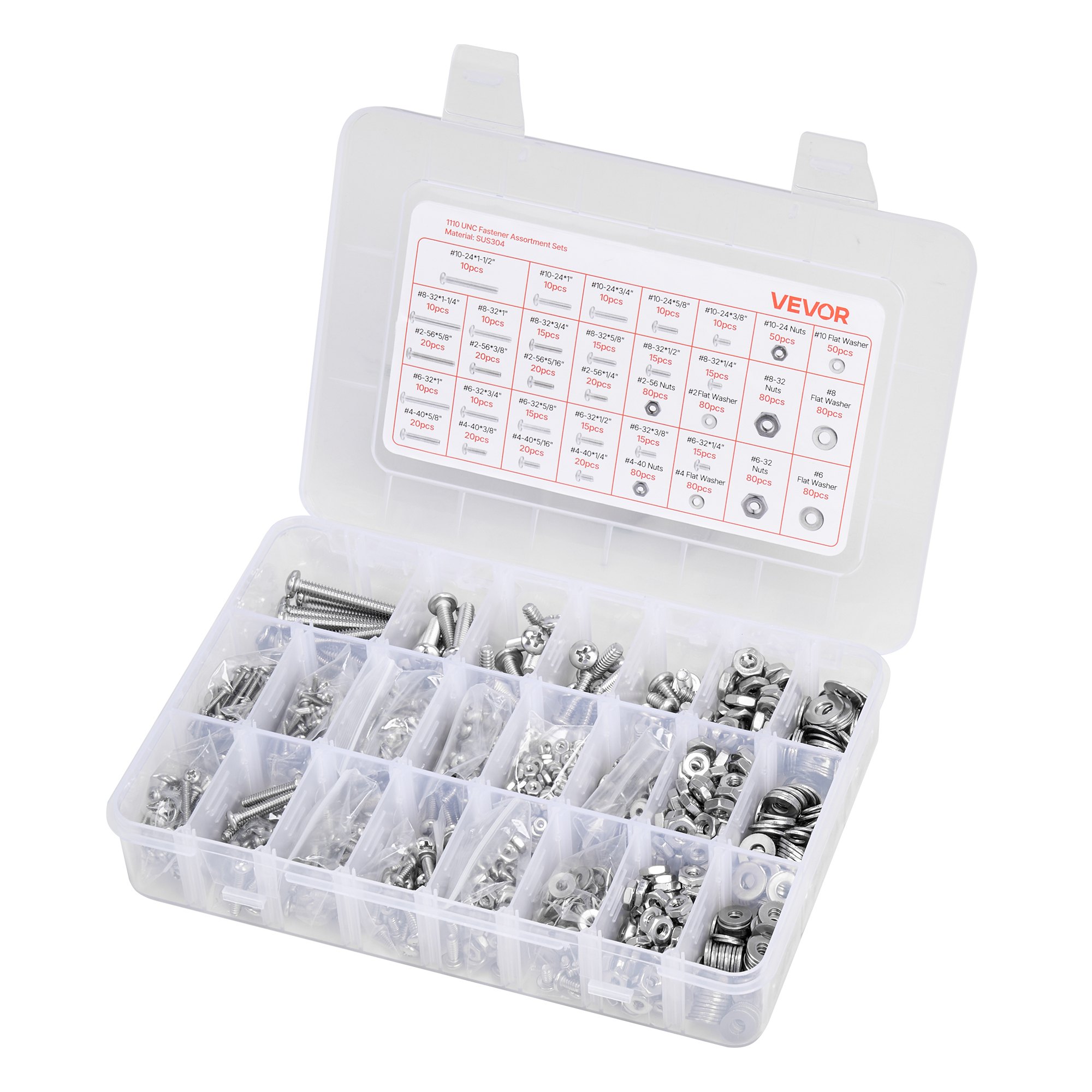 VEVOR 1110 Pcs Bolts and Nuts Assortment Kit, Imperial Machine Screws and Flat Washers, Stainless Steel 10-24,8-32,2-56,6-32,4-40, for Furniture /Equipment/Vehicle Assembly, Silver