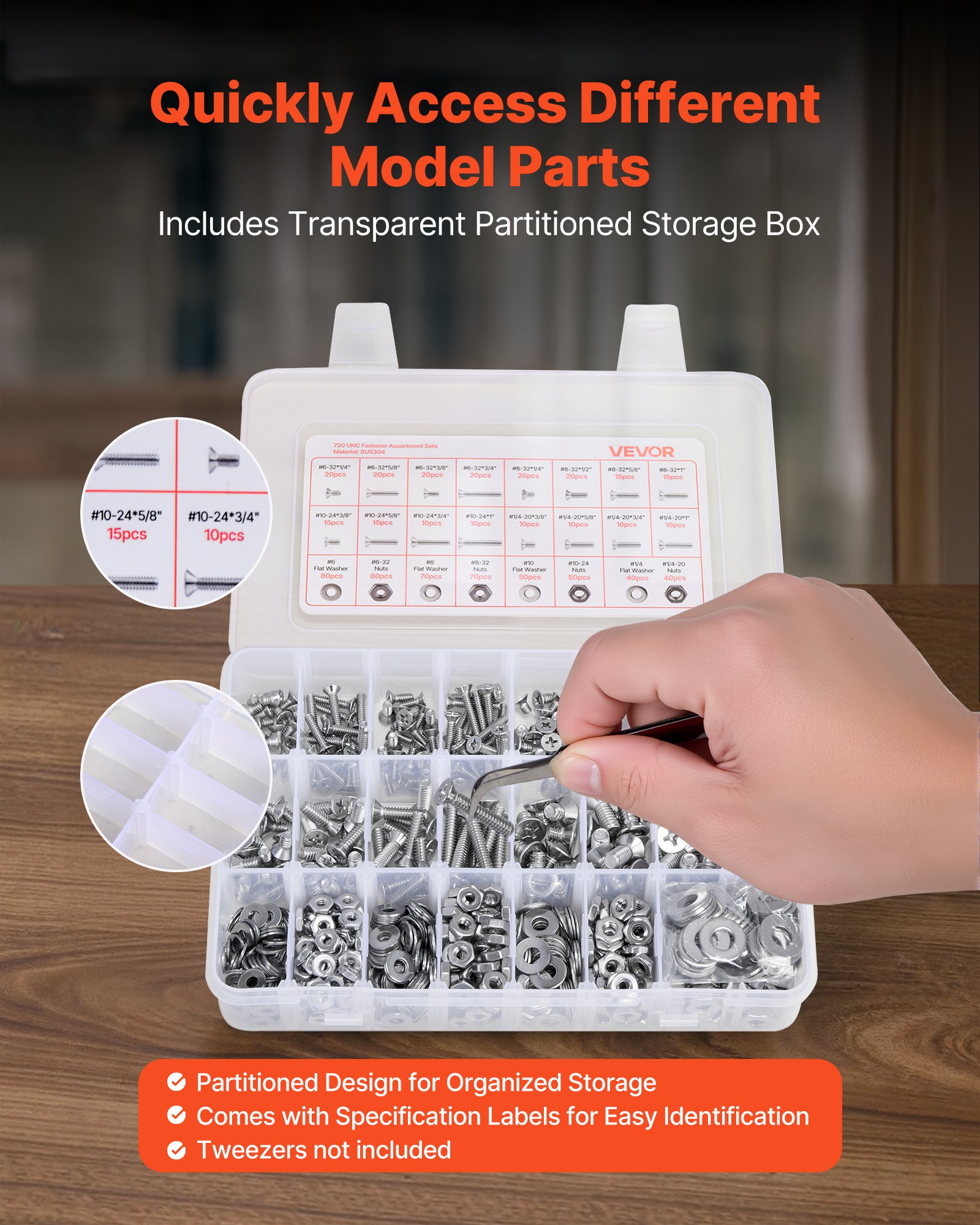 VEVOR 720 Pcs Bolts and Nuts Assortment Kit, Imperial Machine Screws and Flat Washers, Stainless Steel 6-32,8-32,10-24,1/4-20, for Furniture /Equipment/Vehicle Assembly, Silver