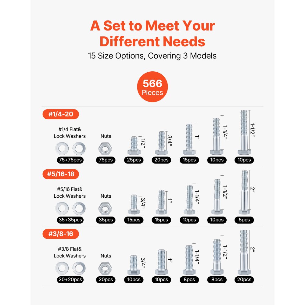VEVOR 566 Pcs Bolts and Nuts Assortment Kit, Imperial Machine Screws and Flat Washers, Alloy Steel 1/4-20,5/16-18,3/8-16, for Furniture /Equipment/Vehicle Assembly, Galvanized White