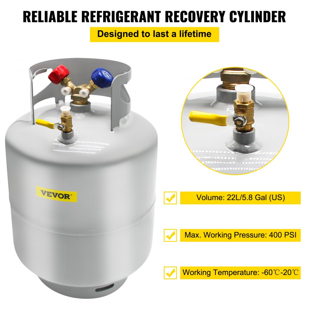 VEVOR Refrigerant Recovery Tank, 50 LBS Capacity, 400 psi Portable Cylinder Tank with Y-Valve for Liquid/Vapor, High-Sealing Recovery Can for R22/R134A/R410A, Gray