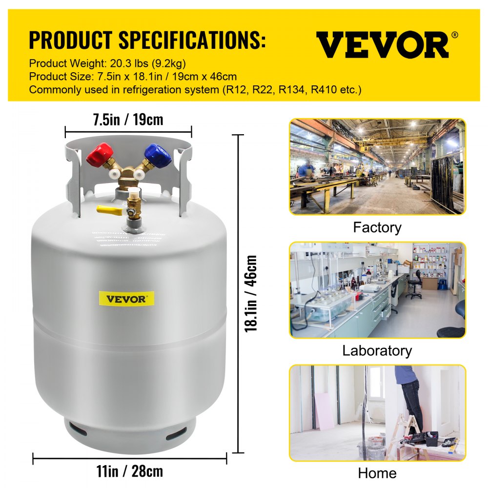 VEVOR Refrigerant Recovery Tank, 50 LBS Capacity, 400 psi Portable Cylinder Tank with Y-Valve for Liquid/Vapor, High-Sealing Recovery Can for R22/R134A/R410A, Gray