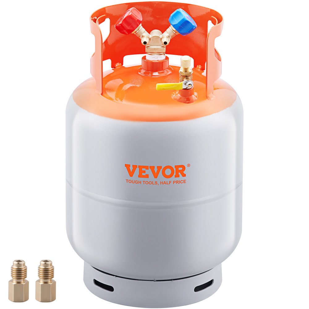 VEVOR refrigerant recovery tank with dual valves, brass fittings, and durable design.