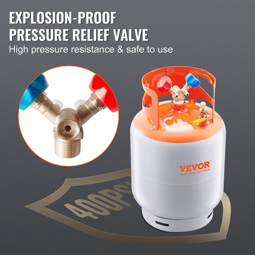VEVOR Refrigerant Recovery Tank, 50 LBS Capacity, 400 psi Portable Cylinder Tank with Y-Valve for Liquid/Vapor, High-sealing Recovery Can for R22/R134A/R410A, Orange+Gray