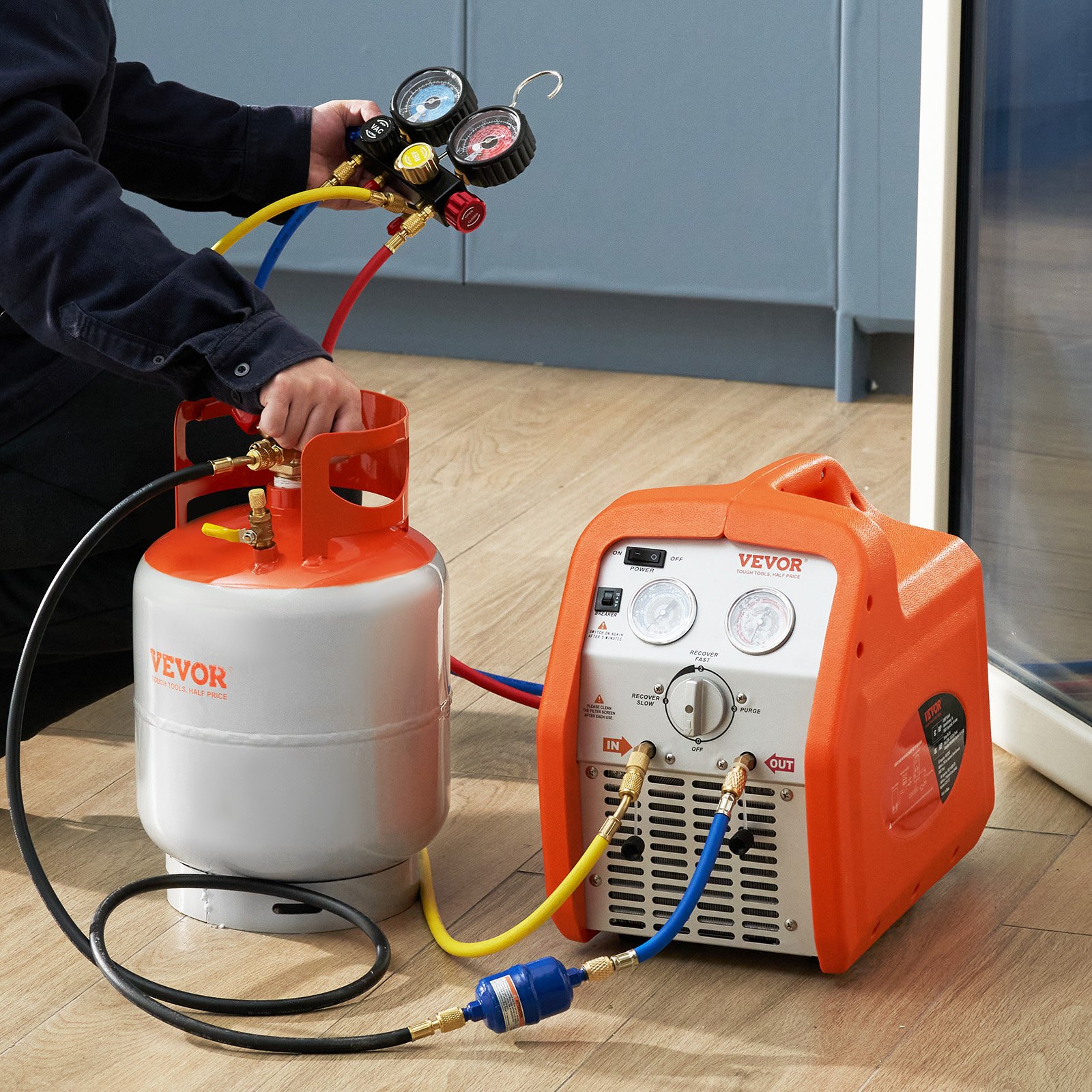 VEVOR Refrigerant Recovery Tank, 50 LBS Capacity, 400 psi Portable Cylinder Tank with Y-Valve for Liquid/Vapor, High-sealing Recovery Can for R22/R134A/R410A, Orange+Gray
