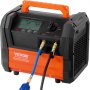 VEVOR refrigerant recovery machine with dual gauge display, handle, orange and black design, and hose connections.