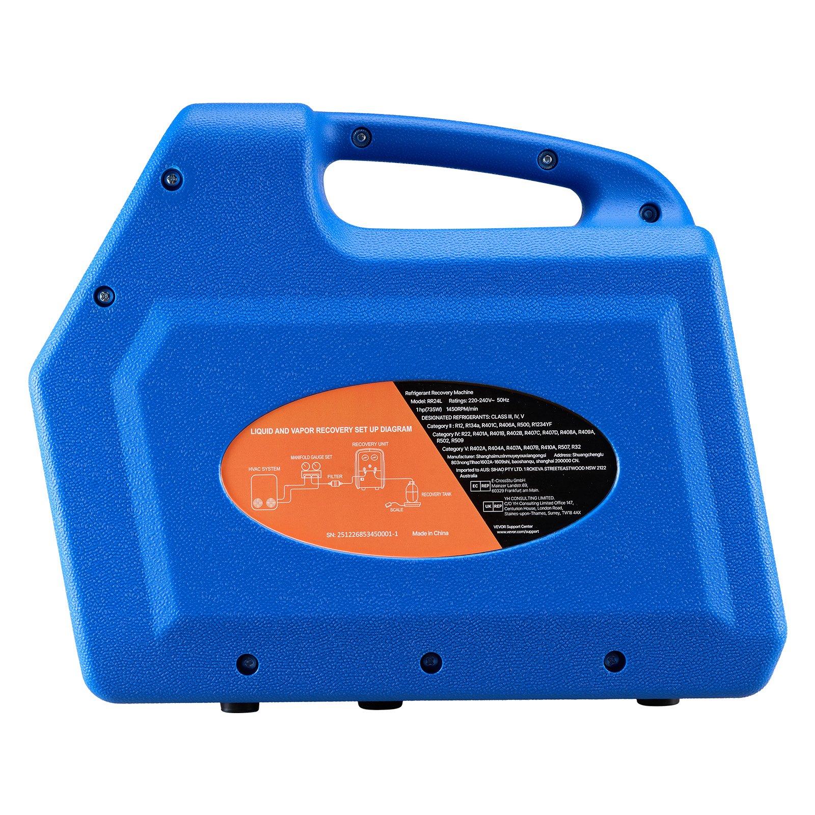 VEVOR Portable Refrigerant Recovery Machine, 1 HP 220V 50Hz Dual Cylinder AC Recovery Machine for Liquid Vapor Refrigerant, 1450 RPM Recycling Unit HVAC for Automotive & Household Air Conditioning